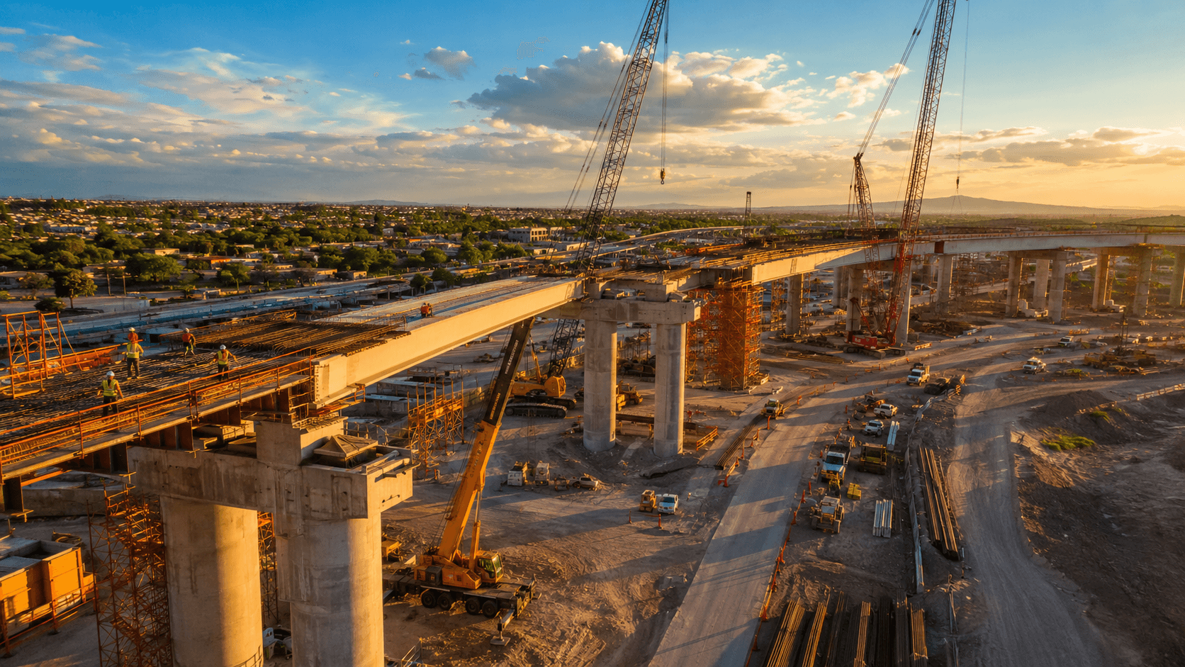Large highway construction project with elevated concrete sections, cranes, and workers under golden light.